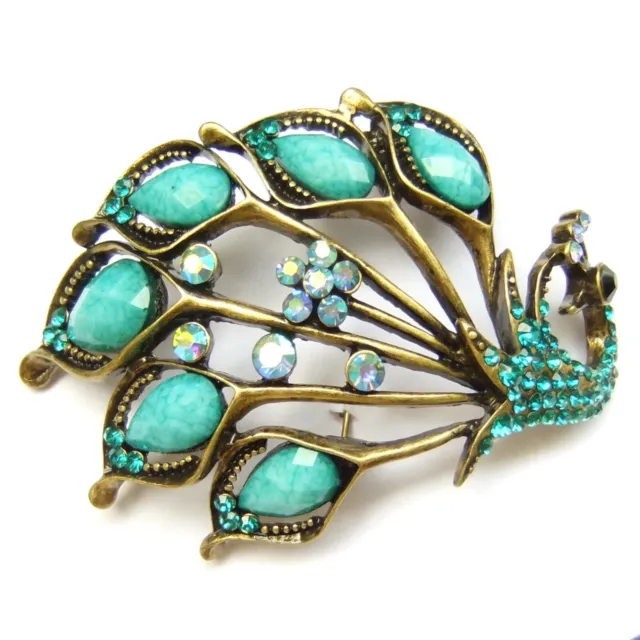 Brooch Green Blue Peacock Spread Tail Feather Colourful Crystal Retro Lovely Pin
