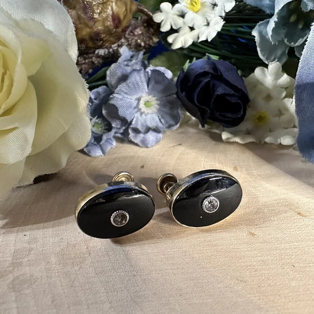 Vintage Van Dell Screw Back Gold Tone & Black Earrings With Center Rhinestone