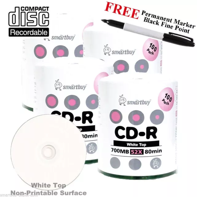 400 SmartBuy CD-R 52X 700MB White Top Blank Media Disc + Black Permanent Marker