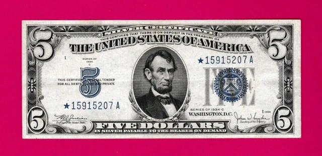 Fr.1653  $5  1934 C **STAR**  SILVER CERTIFICATE NOTE SN * 15915207 A HIGH GRADE