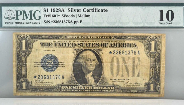 $1 1928-A Silver Certificate Star Note Woods/Mellon Funnyback FR. 1601 PMG 10