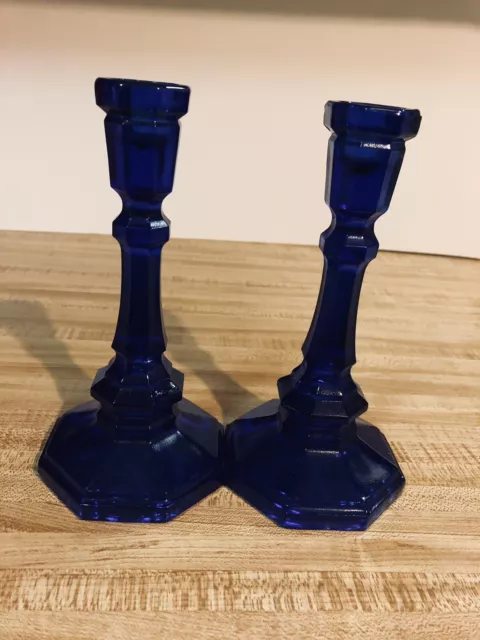 Pair Cobalt Blue Glass Octagon Candlesticks 7.5" Tall Taper/VTG