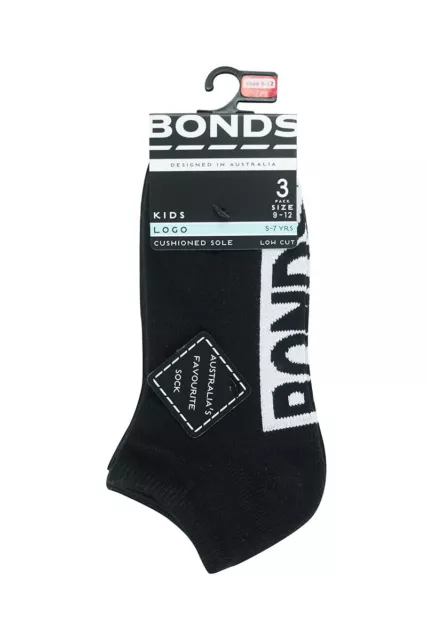 3 Pairs Bonds Kids Socks Boys Girls Low Cut Logo Cushioned Sole - Black