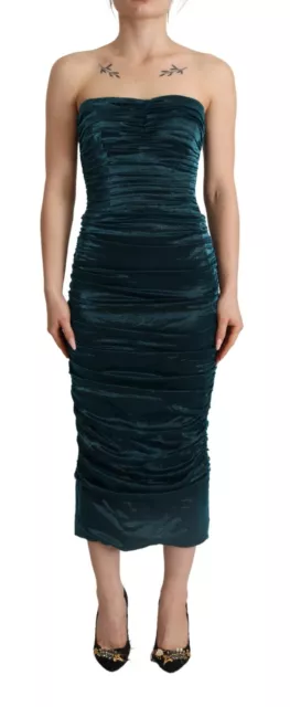 DOLCE & GABBANA Dress Turquoise Bustier Bodice Draped Midi IIT42/US8/M RRP $3500