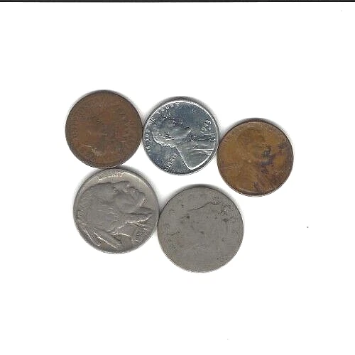 Liberty V Nickel, Buffalo, Steel Wheat, Lincoln, Indian Head Mixed - 5 coin lot