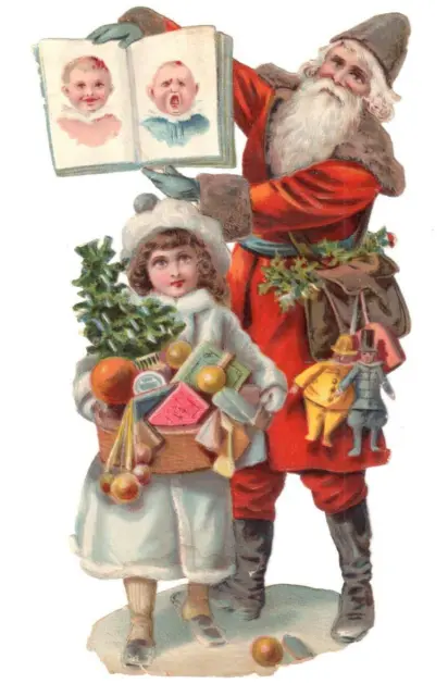 Antique Victorian Christmas Die Cut Santa Claus Girl Toys Fruit Basket Book Tree