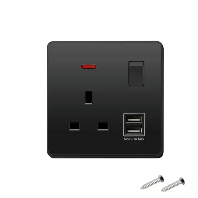 Single Gang Wall Socket 13A With 2 USB Charger Ports Plug Switched Socket