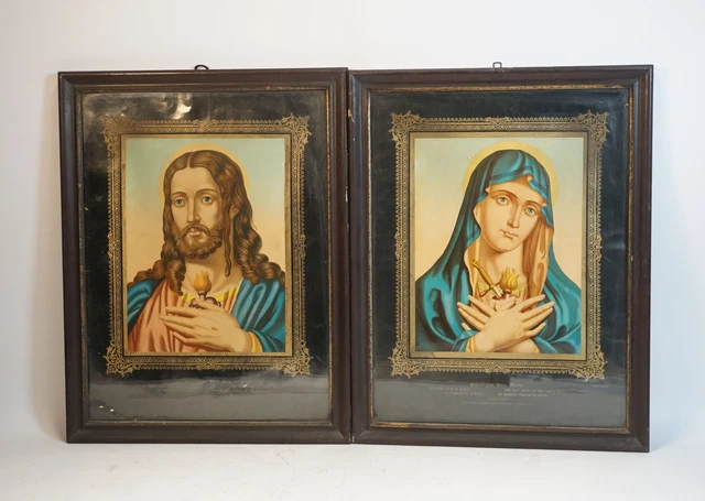 Paar antike Andachtsbilder Geheiligtes Herz Maria & Jesus vor 1900 hinter Glas