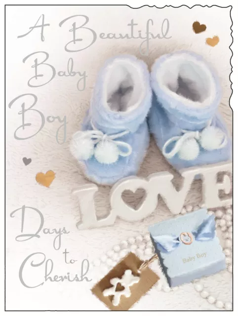 Jonny Javelin Birth Of Baby Boy Greetings Card - Blue Booties & Love 7.25"x5.5"