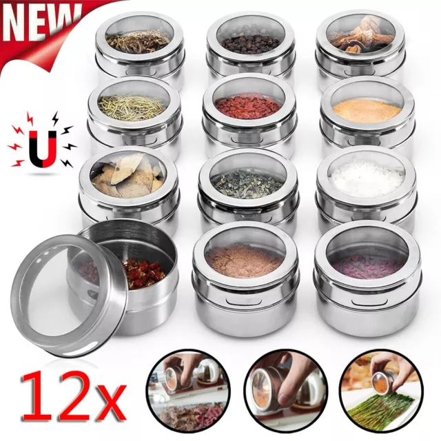 12 Pcs Stainless Steel Magnetic Spice Tins Pot Herb Tin Jar Storage Container