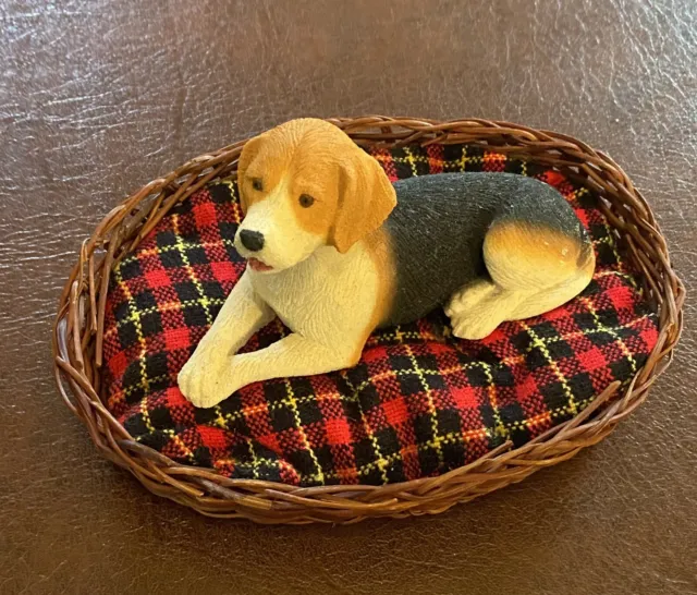 vintage beagle dog Liz on a mat and a basket