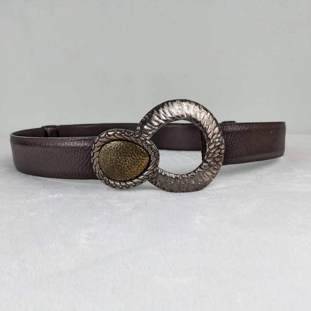 Chicos Belt Boho Adjustable Brown Leather Silver Gold Hammered India S/M 30-38"