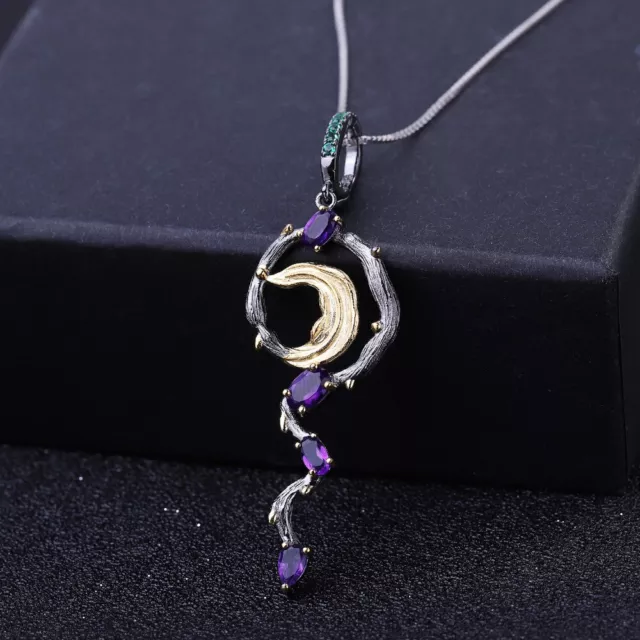 Natural Amethyst Handmade Solid 925 Sterling Silver Moon Pendant Necklace