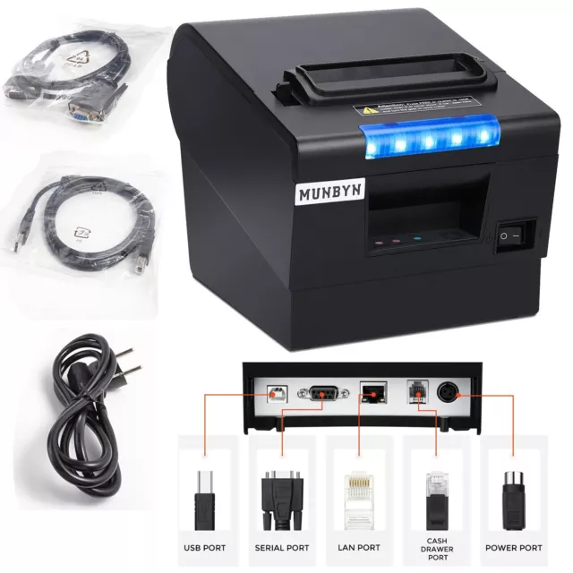 MUNBYN 3 1/8'' 80mm Thermal Receipt POS Printer w/ Auto Cutter USB COM LAN Port