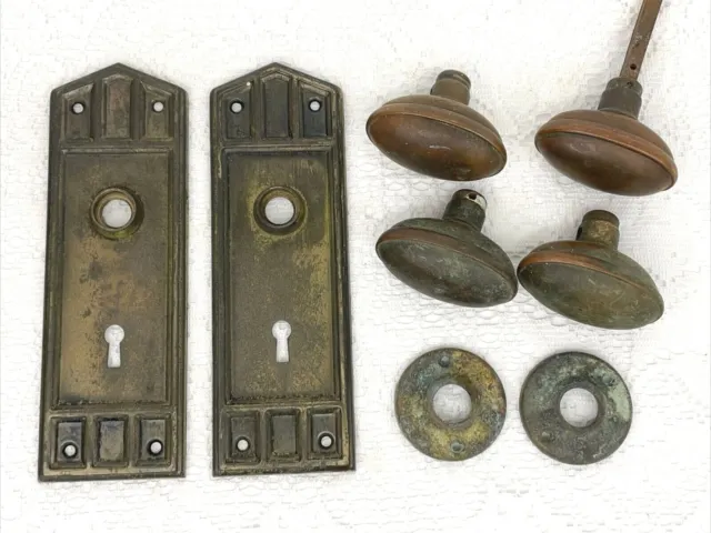 Antique Vtg Mission / Deco Brass Copper 4 Door Knob Set Double Entry Back Plates