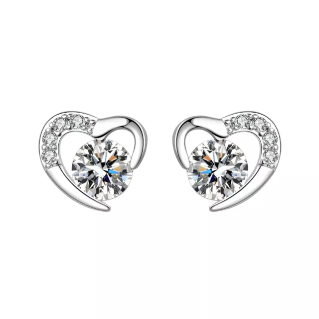 925 Sterling Silver PLATED Cute Small 5 CZ Heart Stud Earrings Girl Women Gift