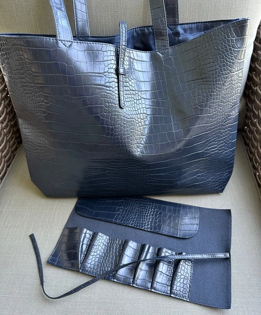 Saks Tote SFA 2 Pc Make-up Cosmetics Bag Navy Vinyl Faux Croc Travel Beauty Case