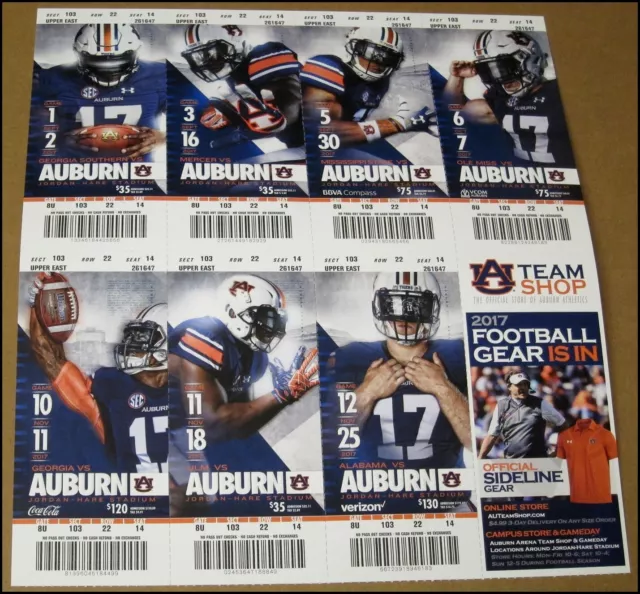 2017 Auburn Tigers Full Season 7 Tickets Uncut Sheet College Football NCAA AU