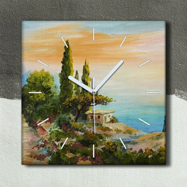 Horloge Murale Tableau 60x30 Cm - Toile Peinture Côte Mer, Arbres, Vagues, Coucher De Soleil - Coloray