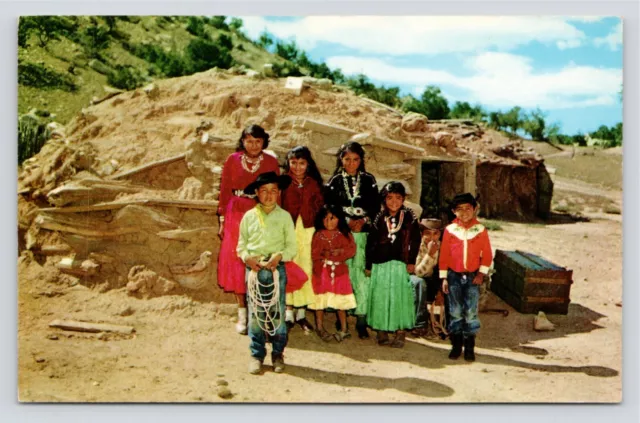 Native American Indian Family on the Reservation Hogans VTG Unused Postcard