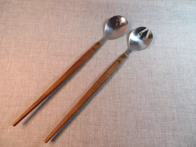 Vintage Salad Serving Set Wood Handle Stainless Japan MCM Mid Century Modern