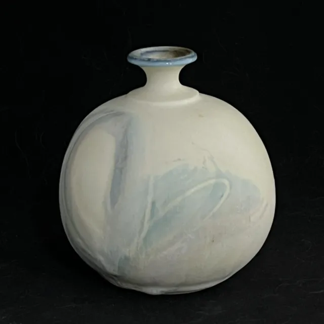 Studio Art Pottery Weed Vase Cream Pastel Blue Glaze 5”H Signed