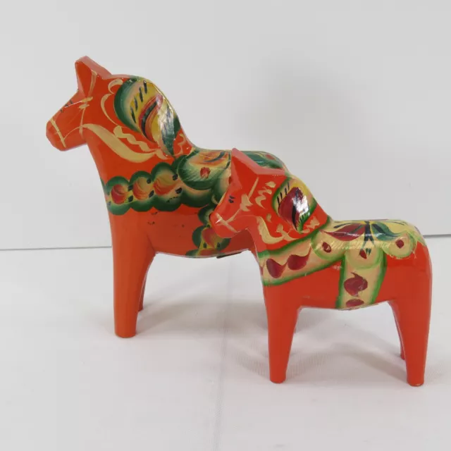 2 Hand Carved & Painted Orange Wood Dala Horses 5" by Nils Olsson Sweden