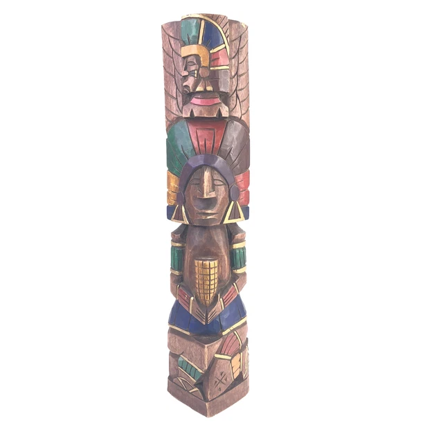 Hand Carved & Painted Totem Pole 17 Inches Tall Man Holding An Offering