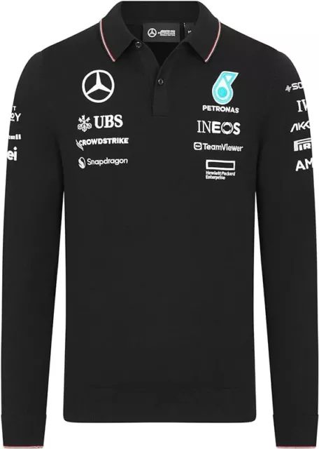 Polo Mercedes AMG Petronas F1 Team Ufficiale Manica Lunga Lavorata a Maglia Nera 2024