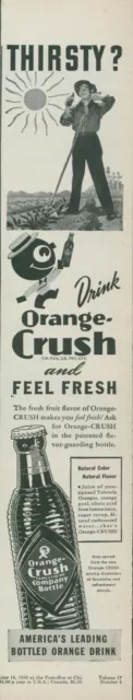 1944 Orange Crush Soda Farmer Rake Hot Sun Anthropomorphic Orange Print Ad L30
