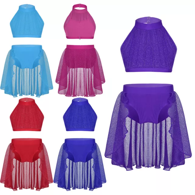 2PCS Kids Girls Crop Top Tutu Skirt Lyrical Belly Dance Costume Ballet Dancewear