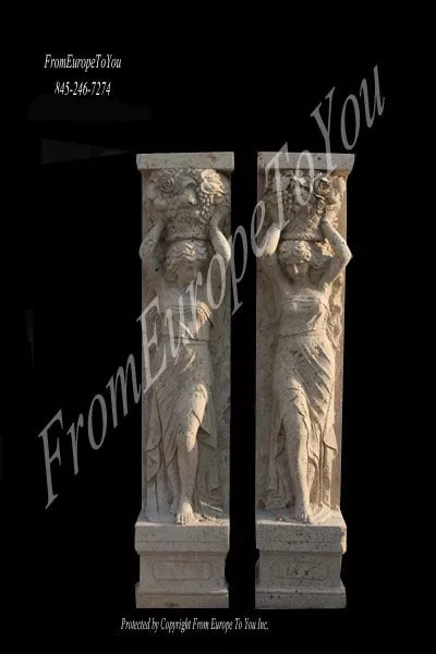 2 Beautiful Hand Carved Marble Figural Pillars
