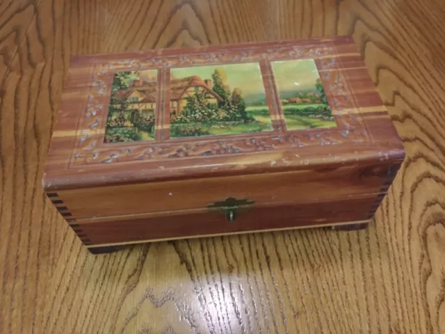 Vintage Carved Cedar Wood Jewelry Box Scenic Pictures on Top Mirror hinged