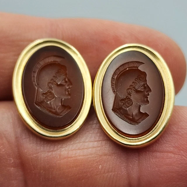 Krementz Carnelian Intaglio Cameo Roman Greek Warrior - Gold Overlay Cuff Links