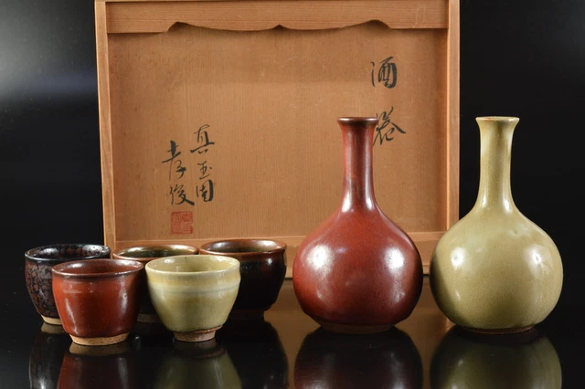 G6103: Japanese Seto-ware 5 colors glaze SAKE BOTTLE & CUP, auto w/signed box