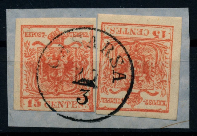 LOMBARDEI-VENETIEN 1850 2*15C auf Briefstück, MP, Type III. CASARSA. Attraktiv!