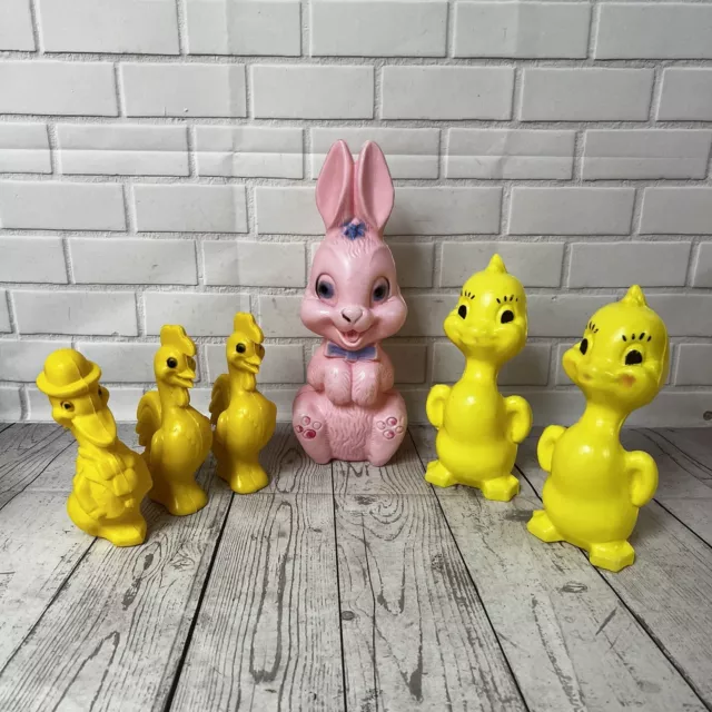 Vintage 60’s Spring Easter Blow Mold Toys Bunny Coin Bank Chicks Duck