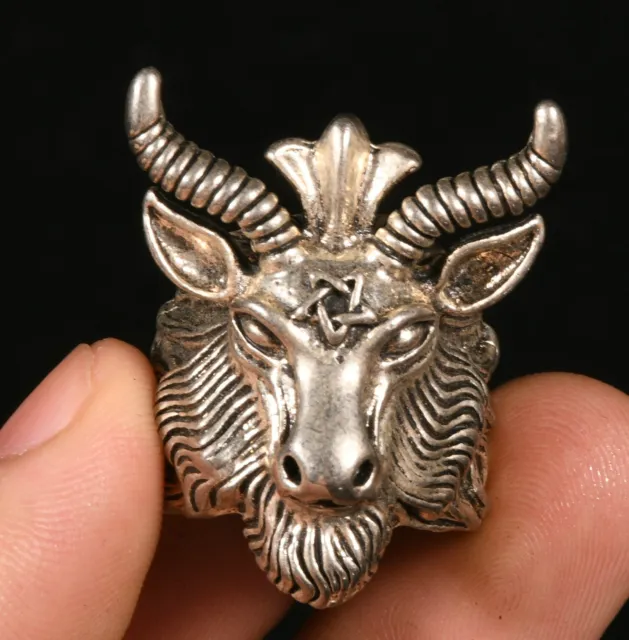 Old Tibet Silver Fengshui Zodiac Cattle Bull Head Animal Finger Ring Statue