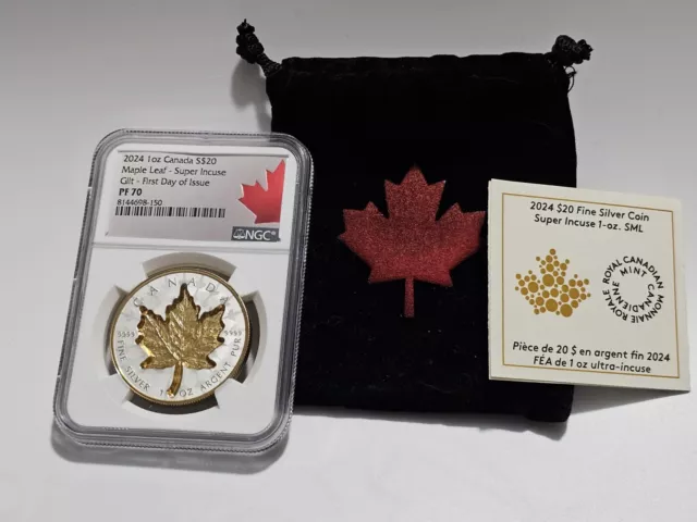 2024 Canada Super Incuse Maple Leaf 1 oz Silver Gilded Coin NGC PF 70