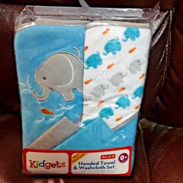 Kidgets Hooded Towel & Washcloth Set Brand New Boys Elephant