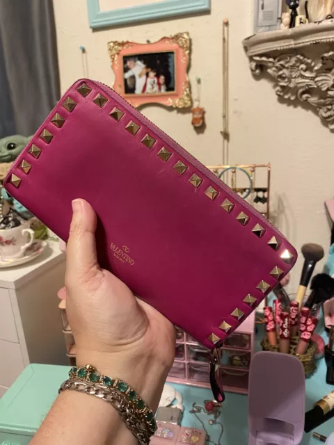 Valentino Rockstud Leather Continental Wallet Zip Around Pink Preowned 🎀