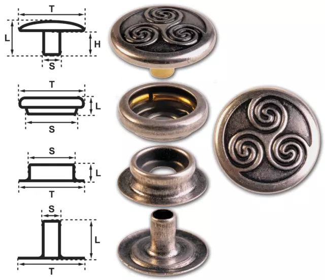 Ringfeder-Druckknöpfe "F3" 17mm Triskele silber-antik (nickelfrei)