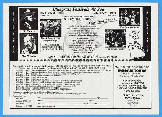 1986 Bluegrass Fest At Sea SS Emerald Cruise Ship Monroe Osborne Wiseman More Ad