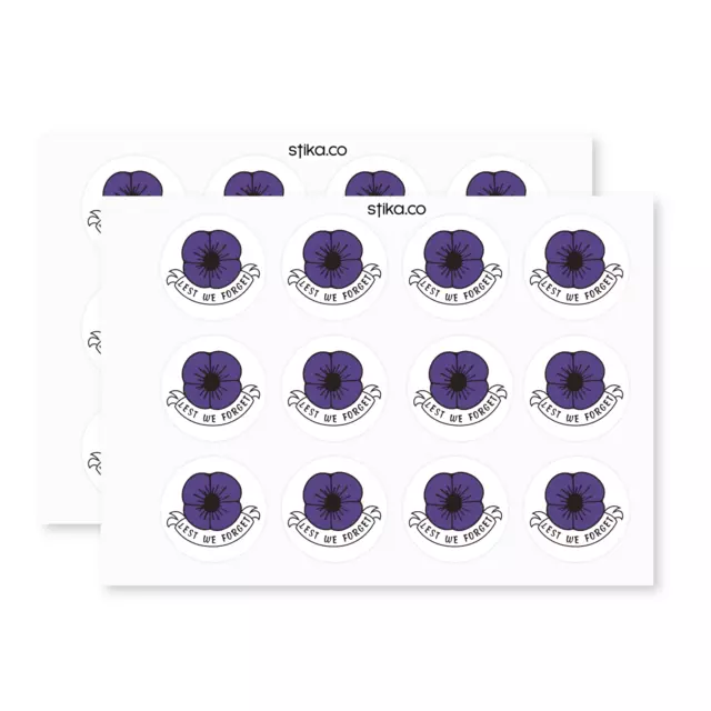 Pack of 24 paper labels, PURPLE POPPY Remembering animals in war, Lest we forget