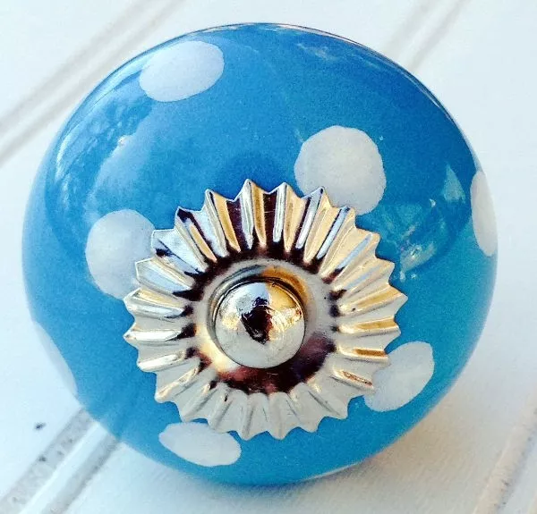 2 Blue & White Ceramic Cabinet Knobs Drawer Pulls Closet Door Handles Polka Dots