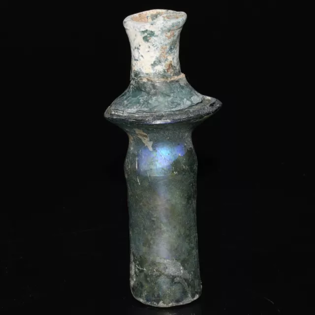 Ancient Roman Glass Vessel Bottle with Iridescent Patina From Israel