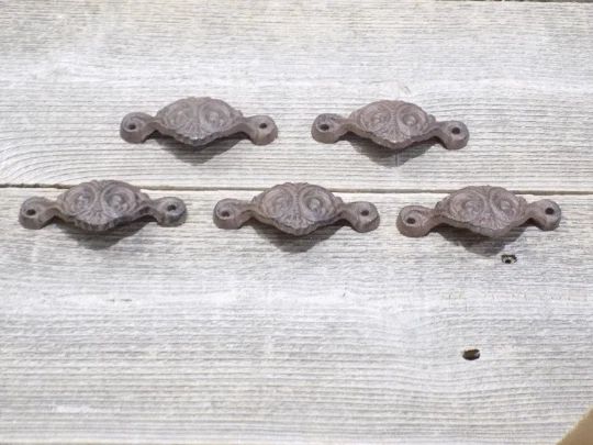 5 Cast Iron Brown Cup Pulls Drawer Cabinet Bin Handles Rustic Vintage Ornate