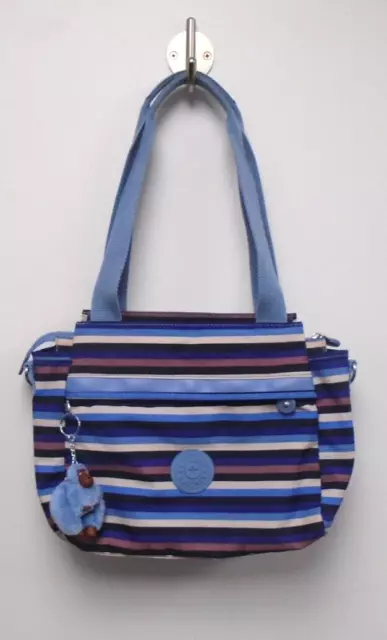 Kipling Large Handbag Detachable Shoulder Strap Blue/Black/Beige Stripes