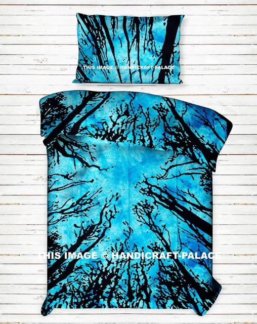 Robinia Árbol Oscuro Bosque Estampado Reversible Turquesa Funda de Edredón Doble