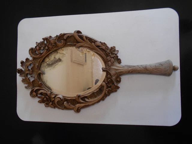 Ancien Miroir Grand Face A Main Forêt Noire Bois Sculpte Rocaille Art Nouveau